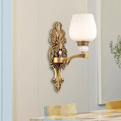 Brass 1/2 Heads Wall Mount Lamp Antiqued White Glass Cup Shape Wall Sconce Lighting for Bedroom 1.0 Brass Clearhalo 'Wall Lamps & Sconces' 'Wall Lights' Lighting' 1431216