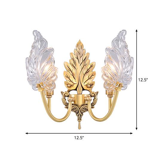 Traditional Palm Leaf Sconce Lamp 1/2 Lights Clear Glass Wall Lighting Idea with Arched Arm in Brass Clearhalo 'Wall Lamps & Sconces' 'Wall Lights' Lighting' 1431245
