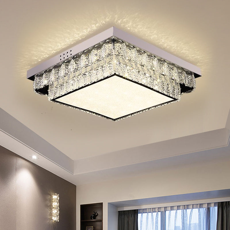 Chrome Square/Round Flush Light Fixture Modern Style Crystal Block LED Close to Ceiling Lamp for Bedroom Chrome Square Plate Clearhalo 'Ceiling Lights' 'Close To Ceiling Lights' 'Close to ceiling' 'Flush mount' Lighting' 1431333