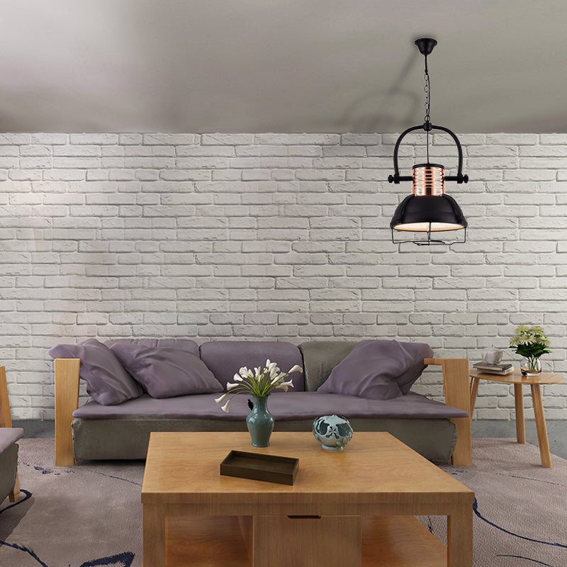 Matte Black 1 Light Pendant Light Industrial Metallic Dome Shade Ceiling Fixture with Glass Diffuser and Wire Cage Clearhalo 'Art Deco Pendants' 'Black' 'Cast Iron' 'Ceiling Lights' 'Ceramic' 'Crystal' 'Industrial Pendants' 'Industrial' 'Metal' 'Middle Century Pendants' 'Pendant Lights' 'Pendants' 'Rustic Pendants' 'Tiffany' Lighting' 143137