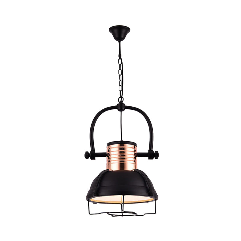 Matte Black 1 Light Pendant Light Industrial Metallic Dome Shade Ceiling Fixture with Glass Diffuser and Wire Cage Clearhalo 'Art Deco Pendants' 'Black' 'Cast Iron' 'Ceiling Lights' 'Ceramic' 'Crystal' 'Industrial Pendants' 'Industrial' 'Metal' 'Middle Century Pendants' 'Pendant Lights' 'Pendants' 'Rustic Pendants' 'Tiffany' Lighting' 143138