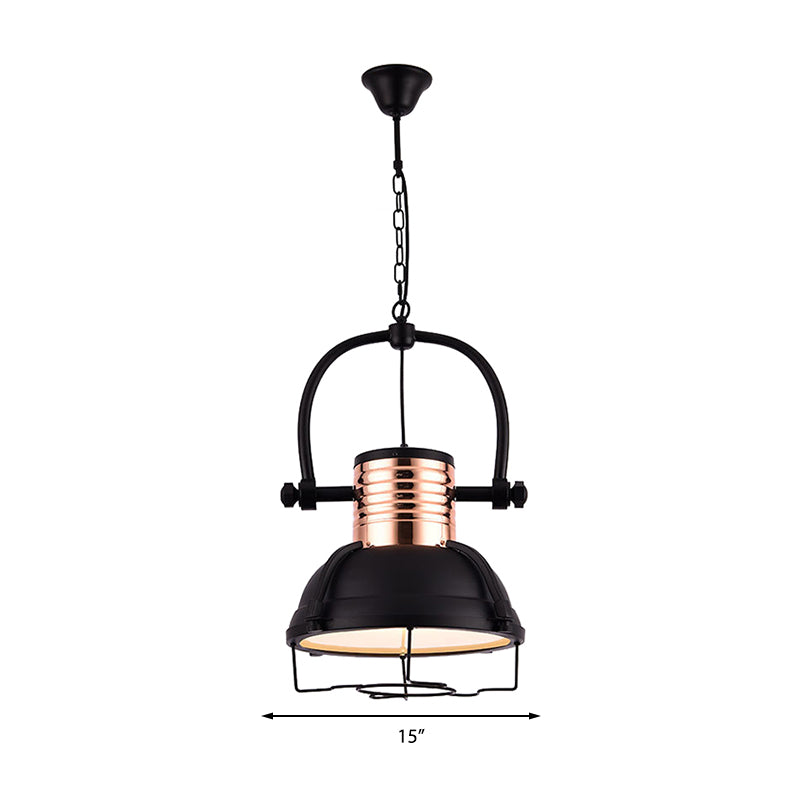 Matte Black 1 Light Pendant Light Industrial Metallic Dome Shade Ceiling Fixture with Glass Diffuser and Wire Cage Clearhalo 'Art Deco Pendants' 'Black' 'Cast Iron' 'Ceiling Lights' 'Ceramic' 'Crystal' 'Industrial Pendants' 'Industrial' 'Metal' 'Middle Century Pendants' 'Pendant Lights' 'Pendants' 'Rustic Pendants' 'Tiffany' Lighting' 143139