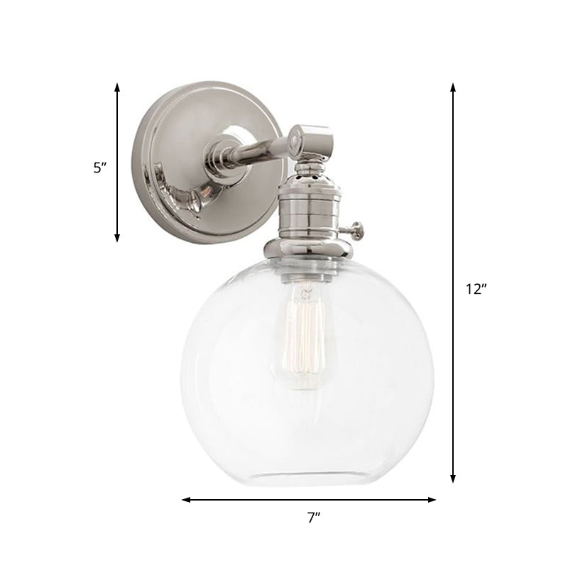 Clear Glass Chrome/Nickel Sconce Light Globe 1-Light Industrial Wall Lamp Fixture for Living Room Clearhalo 'Art deco wall lights' 'Cast Iron' 'Glass' 'Industrial wall lights' 'Industrial' 'Middle century wall lights' 'Modern' 'Rustic wall lights' 'Tiffany' 'Traditional wall lights' 'Wall Lamps & Sconces' 'Wall Lights' Lighting' 143146