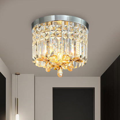 10"/15.5" Wide Chrome Cylinder Flush Light Modern Crystal Prisms LED Close to Ceiling Lighting Fixture for Doorway Chrome 10" Clearhalo 'Ceiling Lights' 'Close To Ceiling Lights' 'Close to ceiling' 'Flush mount' Lighting' 1431495