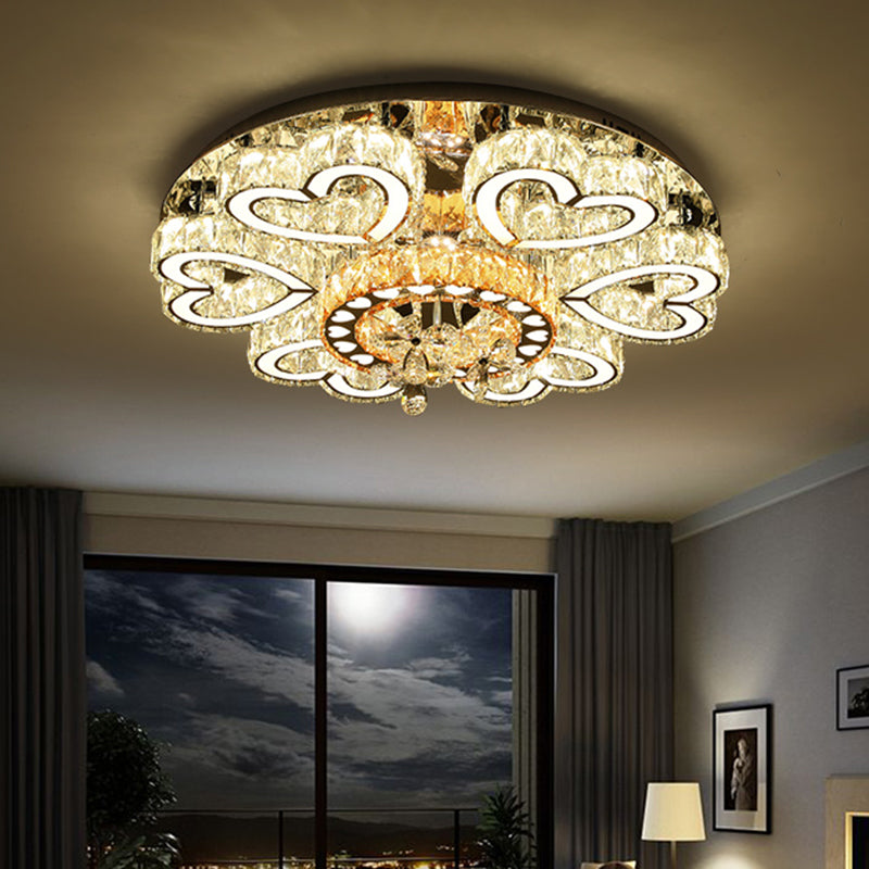 Contemporary Flush Mount Light with Crystal Block Shade Chrome Loving Heart LED Ceiling Lamp for Sitting Room