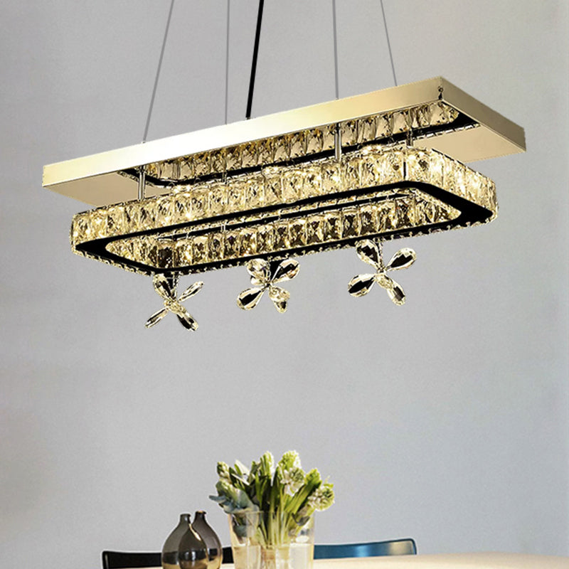 Modern Rectangle Ring LED Island Light Crystal Block Suspension Pendant in Chrome with Flower Deco for Restaurant Clearhalo 'Ceiling Lights' 'Island Lights' Lighting' 1431605