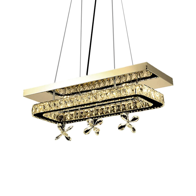 Modern Rectangle Ring LED Island Light Crystal Block Suspension Pendant in Chrome with Flower Deco for Restaurant Clearhalo 'Ceiling Lights' 'Island Lights' Lighting' 1431606
