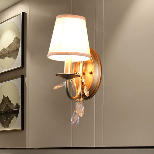 Gold Cone Wall Mounted Lighting Contemporary Fabric Shade 1/2-Bulb Sconce Light Fixture with Crystal Drop 1.0 Gold Clearhalo 'Modern wall lights' 'Modern' 'Wall Lamps & Sconces' 'Wall Lights' Lighting' 1431620