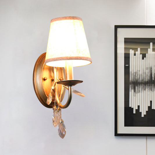 Gold Cone Wall Mounted Lighting Contemporary Fabric Shade 1/2-Bulb Sconce Light Fixture with Crystal Drop Clearhalo 'Modern wall lights' 'Modern' 'Wall Lamps & Sconces' 'Wall Lights' Lighting' 1431621