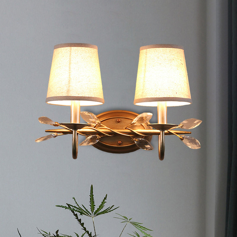 Gold Cone Wall Mounted Lighting Contemporary Fabric Shade 1/2-Bulb Sconce Light Fixture with Crystal Drop 2.0 Gold Clearhalo 'Modern wall lights' 'Modern' 'Wall Lamps & Sconces' 'Wall Lights' Lighting' 1431624