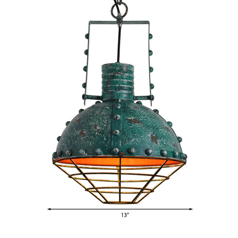 Domed Metal Ceiling Hanging Light Wrought Iron 1 Light Dining Room Pendant Lamp with Wire Guard and Rivets in Black/Green Clearhalo 'Art Deco Pendants' 'Black' 'Cast Iron' 'Ceiling Lights' 'Ceramic' 'Crystal' 'Industrial Pendants' 'Industrial' 'Metal' 'Middle Century Pendants' 'Pendant Lights' 'Pendants' 'Rustic Pendants' 'Tiffany' Lighting' 143165