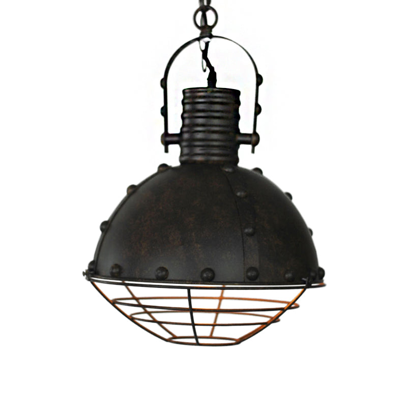 Domed Metal Ceiling Hanging Light Wrought Iron 1 Light Dining Room Pendant Lamp with Wire Guard and Rivets in Black/Green Clearhalo 'Art Deco Pendants' 'Black' 'Cast Iron' 'Ceiling Lights' 'Ceramic' 'Crystal' 'Industrial Pendants' 'Industrial' 'Metal' 'Middle Century Pendants' 'Pendant Lights' 'Pendants' 'Rustic Pendants' 'Tiffany' Lighting' 143167