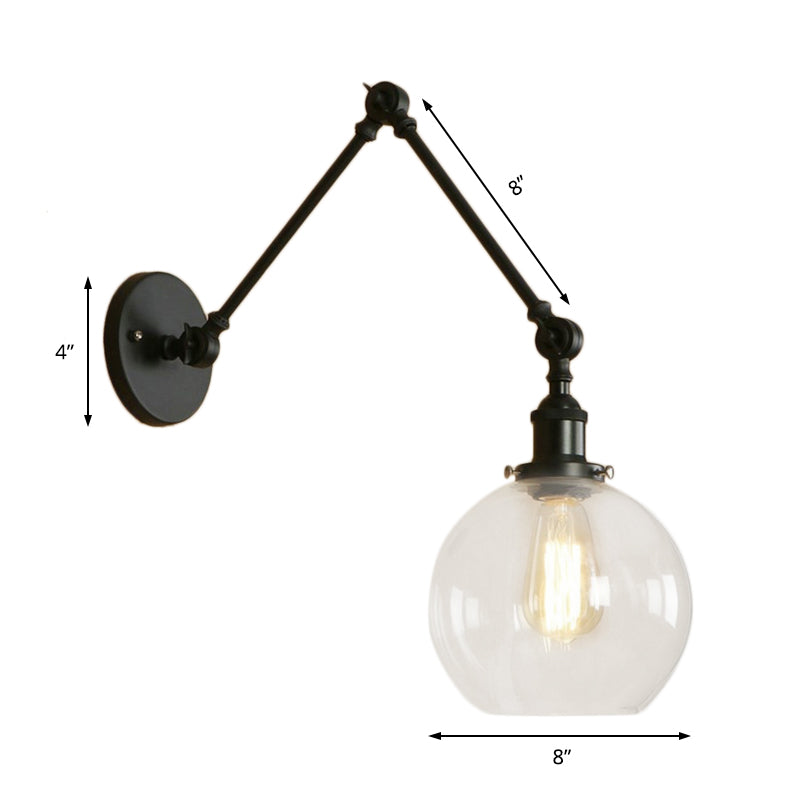 One Bulb Wall Light with Globe Shade Clear Glass Industrial Bedroom Sconce Lighting Fixture in Black/Antique Brass/Rust Clearhalo 'Cast Iron' 'Glass' 'Industrial wall lights' 'Industrial' 'Middle century wall lights' 'Modern' 'Tiffany' 'Traditional wall lights' 'Wall Lamps & Sconces' 'Wall Lights' Lighting' 143171