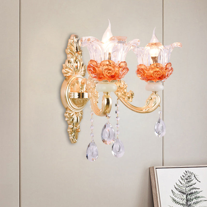 1/2-Light Blossom Wall Mount Lamp Modern Style Clear Crystal Wall Lighting in Gold for Staircase 2.0 Gold Clearhalo 'Modern wall lights' 'Modern' 'Wall Lamps & Sconces' 'Wall Lights' Lighting' 1431714
