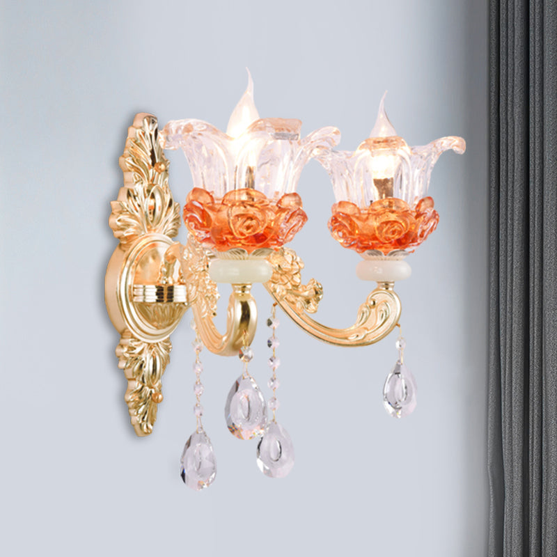 1/2-Light Blossom Wall Mount Lamp Modern Style Clear Crystal Wall Lighting in Gold for Staircase Clearhalo 'Modern wall lights' 'Modern' 'Wall Lamps & Sconces' 'Wall Lights' Lighting' 1431715