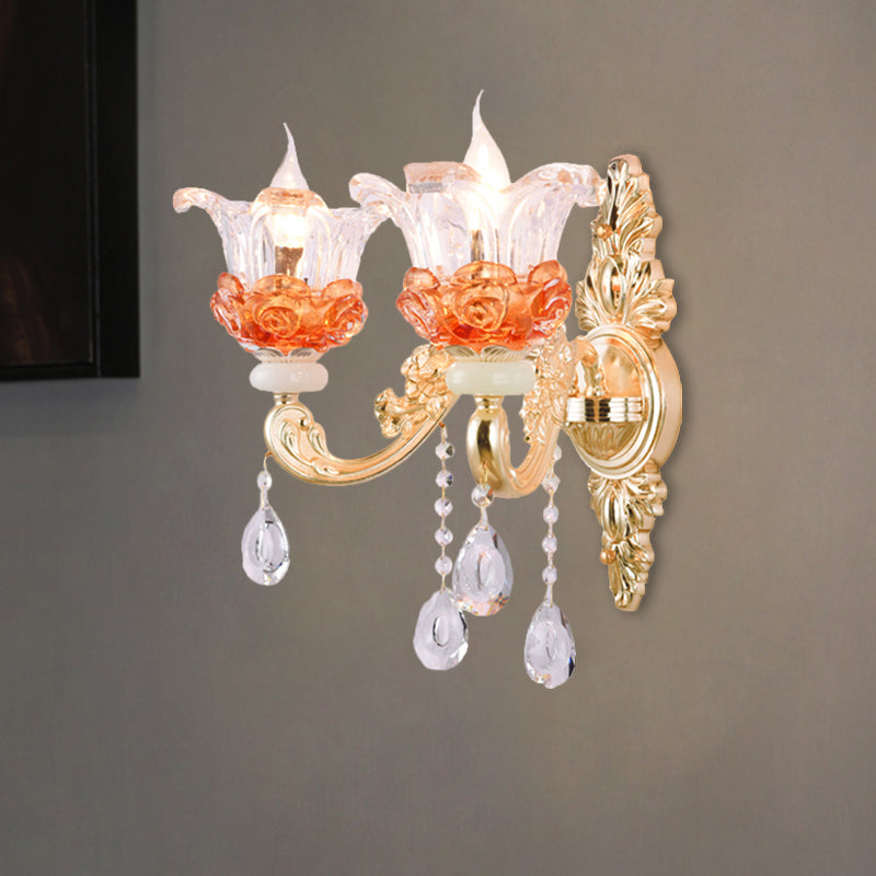 1/2-Light Blossom Wall Mount Lamp Modern Style Clear Crystal Wall Lighting in Gold for Staircase Clearhalo 'Modern wall lights' 'Modern' 'Wall Lamps & Sconces' 'Wall Lights' Lighting' 1431716