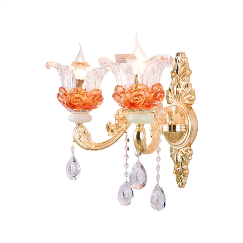 1/2-Light Blossom Wall Mount Lamp Modern Style Clear Crystal Wall Lighting in Gold for Staircase Clearhalo 'Modern wall lights' 'Modern' 'Wall Lamps & Sconces' 'Wall Lights' Lighting' 1431717