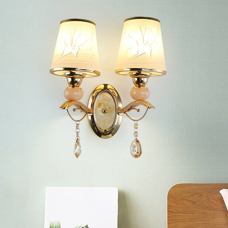 Amber Glass Tapered Wall Mounted Light Contemporary 1/2-Head Wall Lamp in Gold with Crystal Droplet 2.0 Gold Clearhalo 'Modern wall lights' 'Modern' 'Wall Lamps & Sconces' 'Wall Lights' Lighting' 1431726