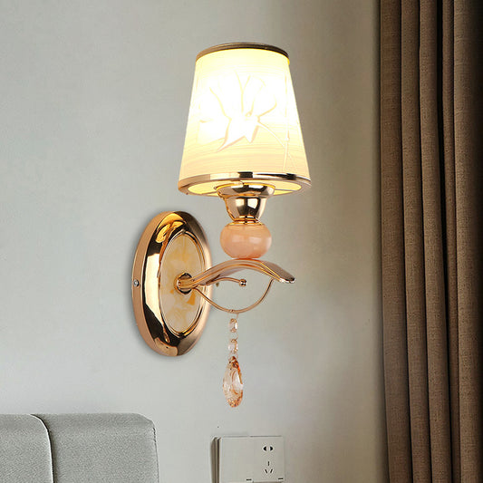 Amber Glass Tapered Wall Mounted Light Contemporary 1/2-Head Wall Lamp in Gold with Crystal Droplet 1.0 Gold Clearhalo 'Modern wall lights' 'Modern' 'Wall Lamps & Sconces' 'Wall Lights' Lighting' 1431727