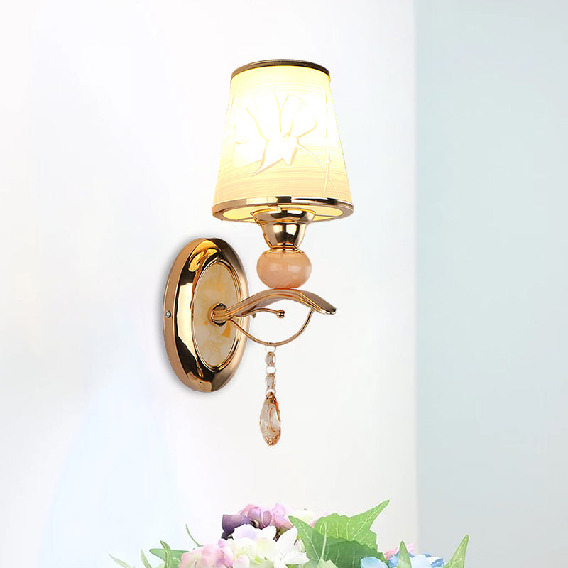 Amber Glass Tapered Wall Mounted Light Contemporary 1/2-Head Wall Lamp in Gold with Crystal Droplet Clearhalo 'Modern wall lights' 'Modern' 'Wall Lamps & Sconces' 'Wall Lights' Lighting' 1431728