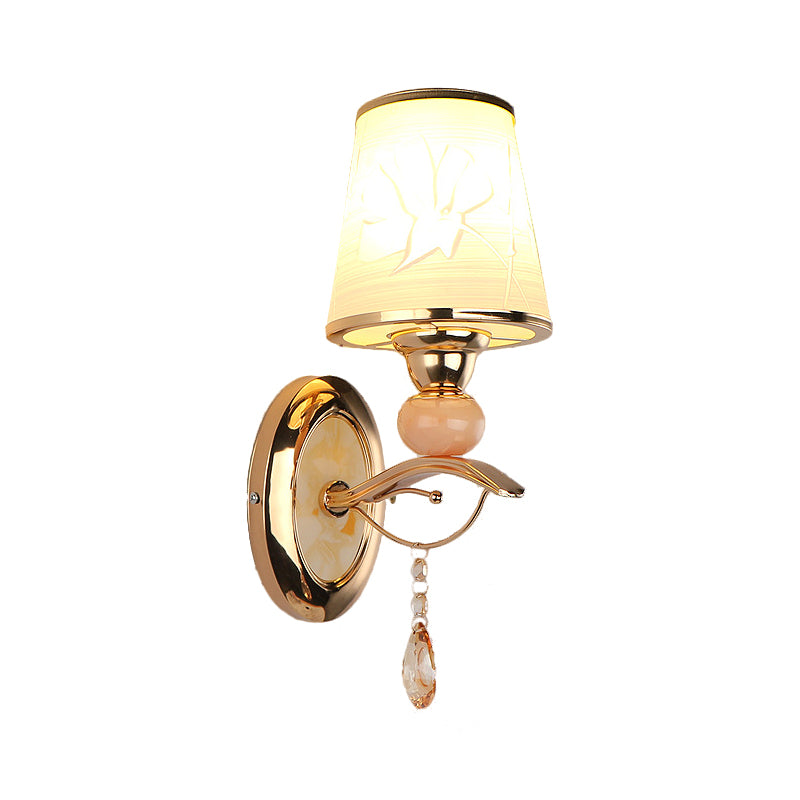 Amber Glass Tapered Wall Mounted Light Contemporary 1/2-Head Wall Lamp in Gold with Crystal Droplet Clearhalo 'Modern wall lights' 'Modern' 'Wall Lamps & Sconces' 'Wall Lights' Lighting' 1431729