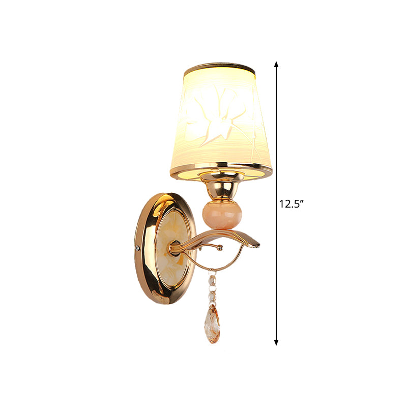 Amber Glass Tapered Wall Mounted Light Contemporary 1/2-Head Wall Lamp in Gold with Crystal Droplet Clearhalo 'Modern wall lights' 'Modern' 'Wall Lamps & Sconces' 'Wall Lights' Lighting' 1431730
