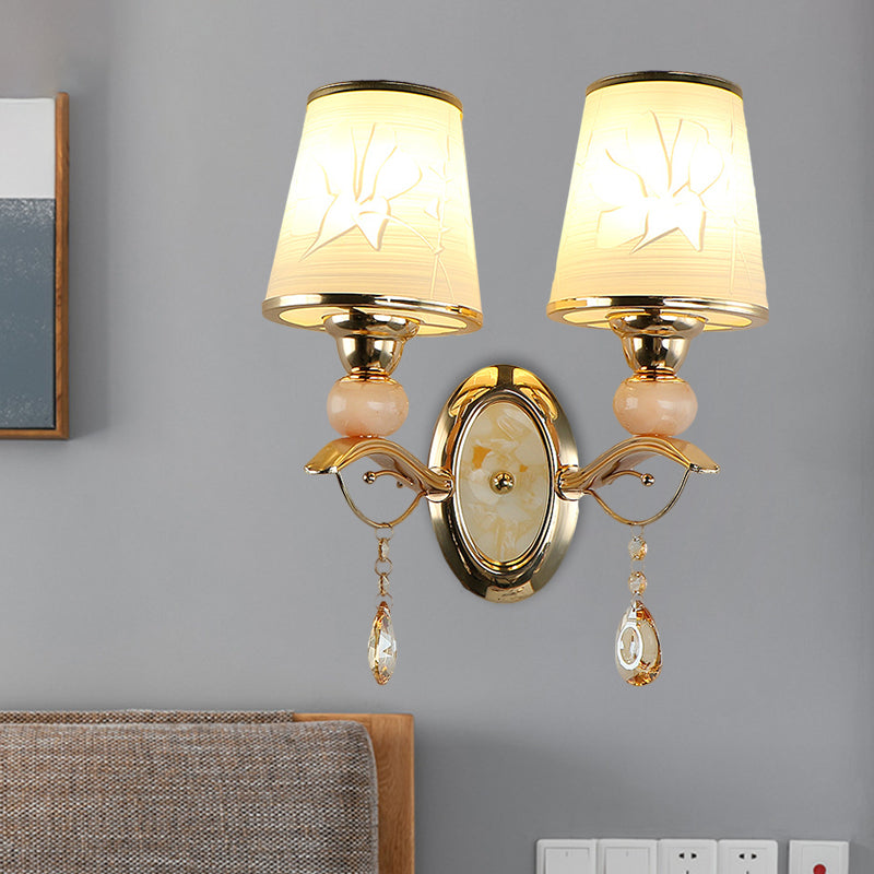 Amber Glass Tapered Wall Mounted Light Contemporary 1/2-Head Wall Lamp in Gold with Crystal Droplet Clearhalo 'Modern wall lights' 'Modern' 'Wall Lamps & Sconces' 'Wall Lights' Lighting' 1431731