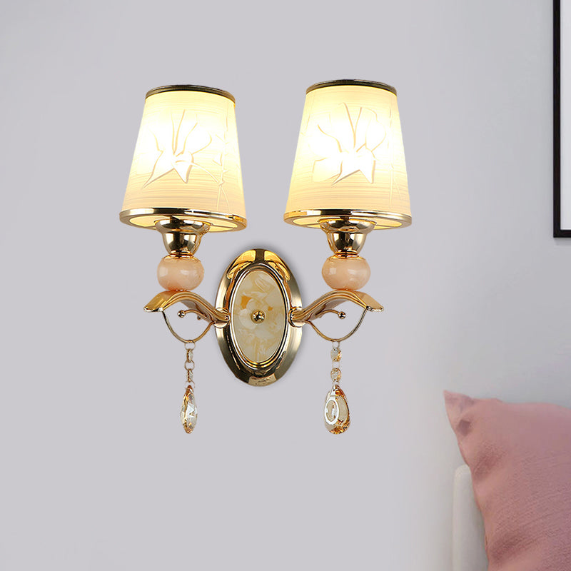 Amber Glass Tapered Wall Mounted Light Contemporary 1/2-Head Wall Lamp in Gold with Crystal Droplet Clearhalo 'Modern wall lights' 'Modern' 'Wall Lamps & Sconces' 'Wall Lights' Lighting' 1431732