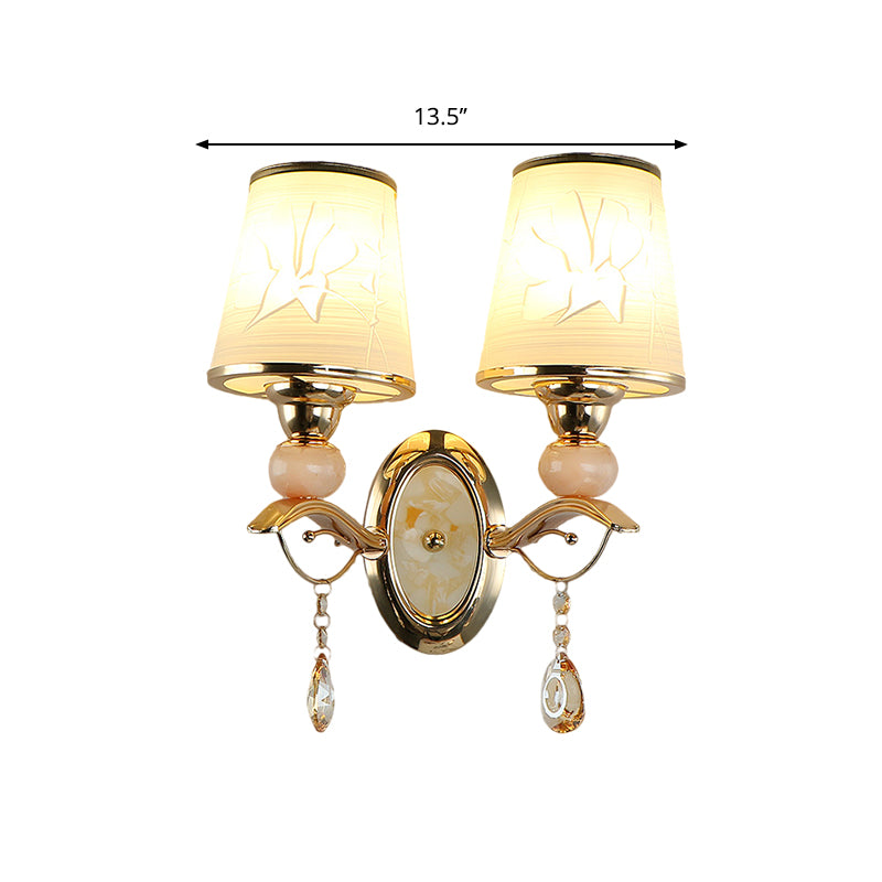 Amber Glass Tapered Wall Mounted Light Contemporary 1/2-Head Wall Lamp in Gold with Crystal Droplet Clearhalo 'Modern wall lights' 'Modern' 'Wall Lamps & Sconces' 'Wall Lights' Lighting' 1431734