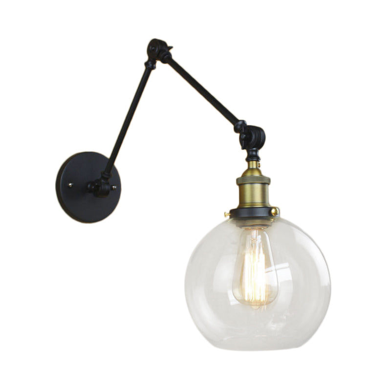One Bulb Wall Light with Globe Shade Clear Glass Industrial Bedroom Sconce Lighting Fixture in Black/Antique Brass/Rust Clearhalo 'Cast Iron' 'Glass' 'Industrial wall lights' 'Industrial' 'Middle century wall lights' 'Modern' 'Tiffany' 'Traditional wall lights' 'Wall Lamps & Sconces' 'Wall Lights' Lighting' 143175