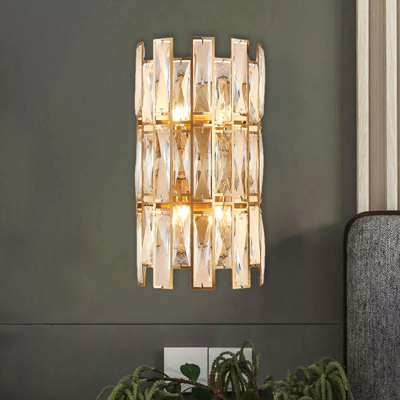 Cylinder Surface Wall Sconce Modern Crystal Rectangle 11"/17" Wide 2/4 Lights Gold Wall Mounted Lighting Clearhalo 'Modern wall lights' 'Modern' 'Wall Lamps & Sconces' 'Wall Lights' Lighting' 1431753
