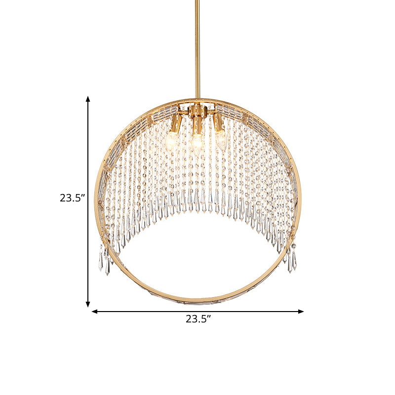 Postmodern Stylish Circle Drop Pendant 3-Light Iron Chandelier in Gold with Crystal Drapes Clearhalo 'Ceiling Lights' 'Chandeliers' 'Modern Chandeliers' 'Modern' Lighting' 1431970