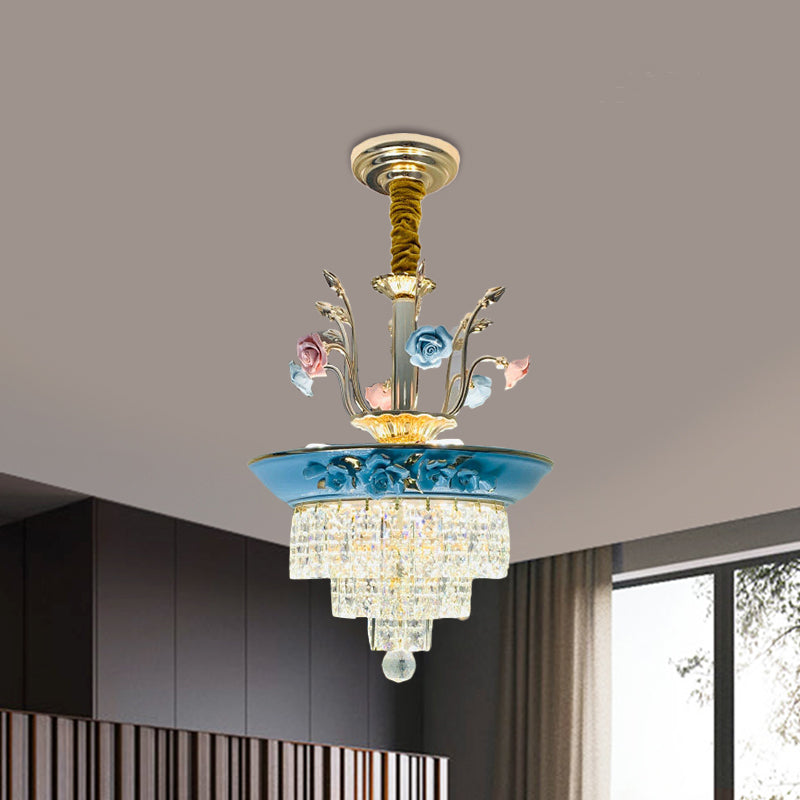 14"/17" W Antiqued Tiers Chandelier 2-Light Cut Crystal Drop Lamp with Handmade Rose Trim in Blue/Beige Clearhalo 'Ceiling Lights' 'Chandeliers' Lighting' options 1432044
