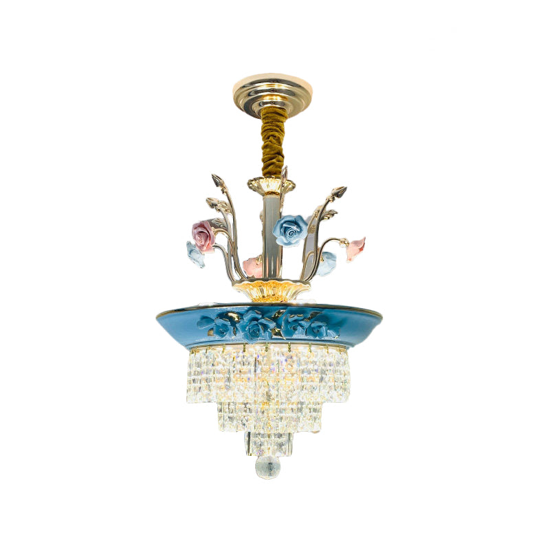14"/17" W Antiqued Tiers Chandelier 2-Light Cut Crystal Drop Lamp with Handmade Rose Trim in Blue/Beige Clearhalo 'Ceiling Lights' 'Chandeliers' Lighting' options 1432046