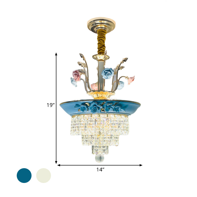14"/17" W Antiqued Tiers Chandelier 2-Light Cut Crystal Drop Lamp with Handmade Rose Trim in Blue/Beige Clearhalo 'Ceiling Lights' 'Chandeliers' Lighting' options 1432047