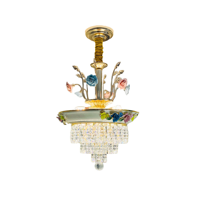 14"/17" W Antiqued Tiers Chandelier 2-Light Cut Crystal Drop Lamp with Handmade Rose Trim in Blue/Beige Clearhalo 'Ceiling Lights' 'Chandeliers' Lighting' options 1432050