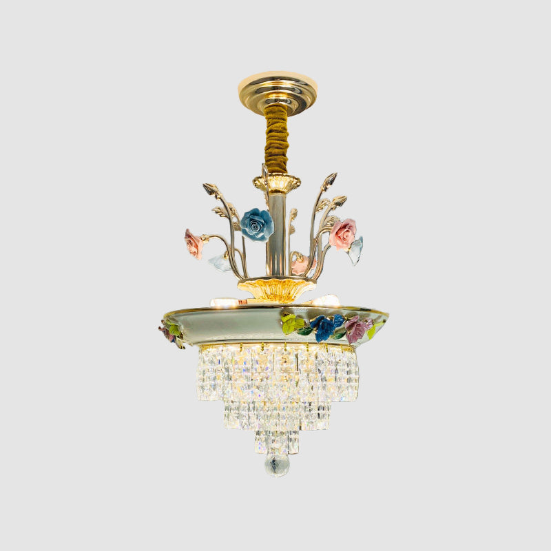 14"/17" W Antiqued Tiers Chandelier 2-Light Cut Crystal Drop Lamp with Handmade Rose Trim in Blue/Beige Clearhalo 'Ceiling Lights' 'Chandeliers' Lighting' options 1432051