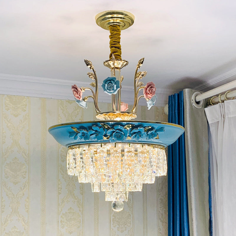 14"/17" W Antiqued Tiers Chandelier 2-Light Cut Crystal Drop Lamp with Handmade Rose Trim in Blue/Beige Blue 17" Clearhalo 'Ceiling Lights' 'Chandeliers' Lighting' options 1432052_f36aaa20-df95-4234-b8d9-49cf45d7f7ef