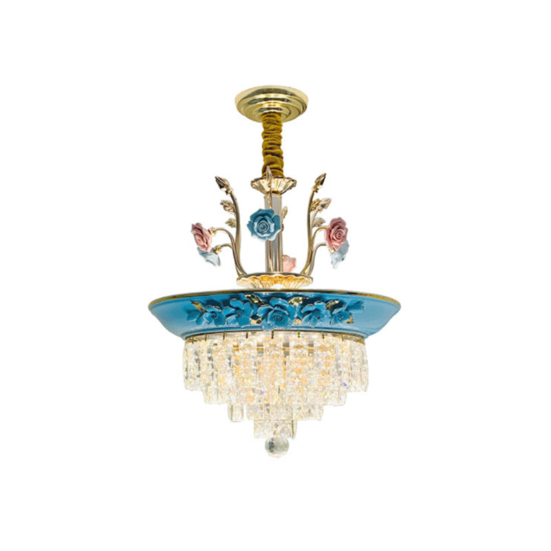 14"/17" W Antiqued Tiers Chandelier 2-Light Cut Crystal Drop Lamp with Handmade Rose Trim in Blue/Beige Clearhalo 'Ceiling Lights' 'Chandeliers' Lighting' options 1432054