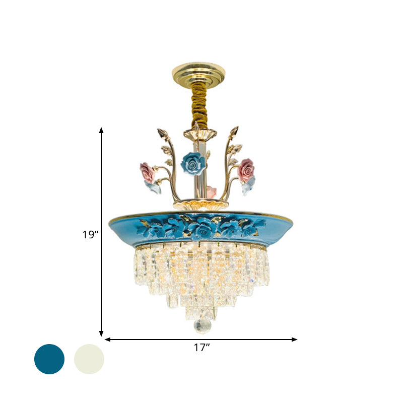 14"/17" W Antiqued Tiers Chandelier 2-Light Cut Crystal Drop Lamp with Handmade Rose Trim in Blue/Beige Clearhalo 'Ceiling Lights' 'Chandeliers' Lighting' options 1432056