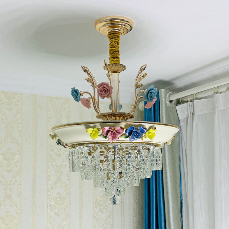 14"/17" W Antiqued Tiers Chandelier 2-Light Cut Crystal Drop Lamp with Handmade Rose Trim in Blue/Beige Beige 17" Clearhalo 'Ceiling Lights' 'Chandeliers' Lighting' options 1432059_c49fba69-6aa0-4eb1-85f5-8877c6d7d3a7
