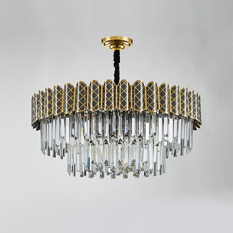 Crystal Rod 2 Tiers Round Pendant Light Modern 9 Bulbs Living Room Chandelier in Black-Gold Clearhalo 'Ceiling Lights' 'Chandeliers' 'Modern Chandeliers' 'Modern' Lighting' 1432063