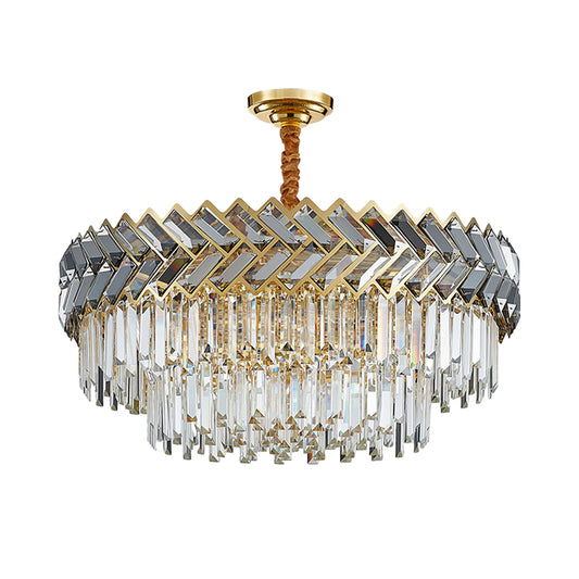9 Bulbs Chandelier Pendant Light Modern 2-Layered Crystal Rods Suspension Light with Herringbone Design in Black-Gold Clearhalo 'Ceiling Lights' 'Chandeliers' 'Modern Chandeliers' 'Modern' Lighting' 1432067