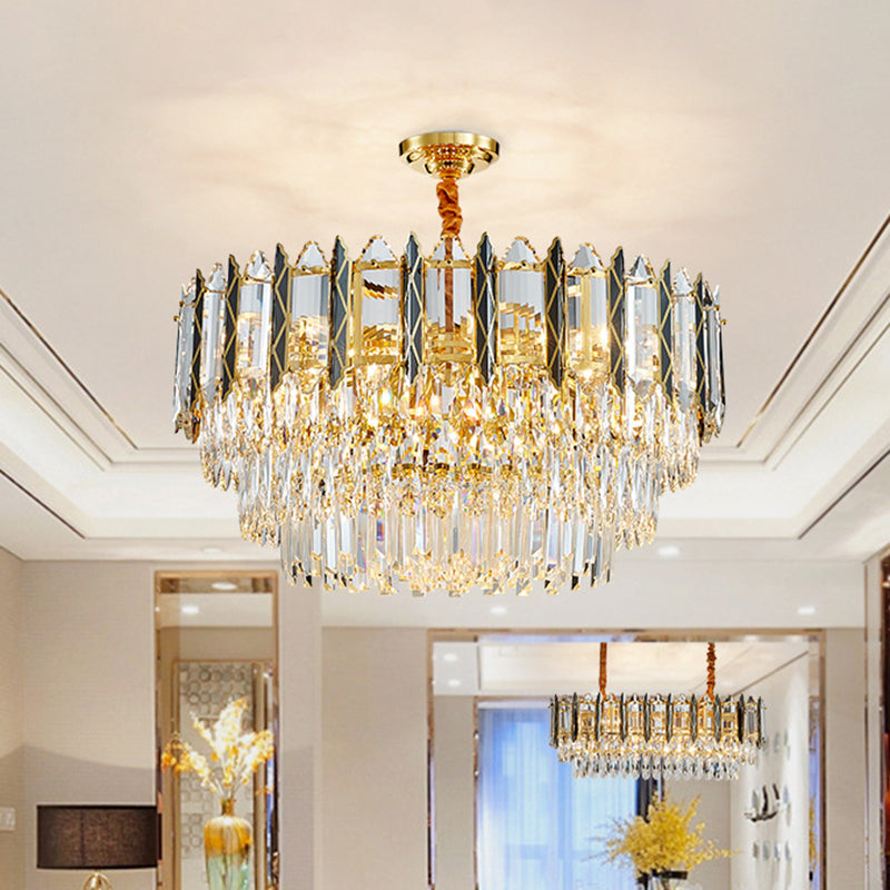 9-Head Tiered Chandelier Pendant Modern Stylish Black-Gold Crystal Down Lighting for Living Room Clearhalo 'Ceiling Lights' 'Chandeliers' 'Modern Chandeliers' 'Modern' Lighting' 1432076