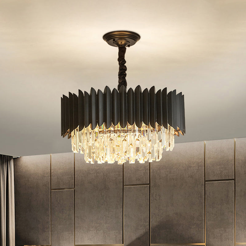 Black Drum Pendant Chandelier Modern Crystal Rod 4/5-Bulb Parlor Ceiling Hanging Light 4 Black Clearhalo 'Ceiling Lights' 'Chandeliers' 'Modern Chandeliers' 'Modern' Lighting' 1432102
