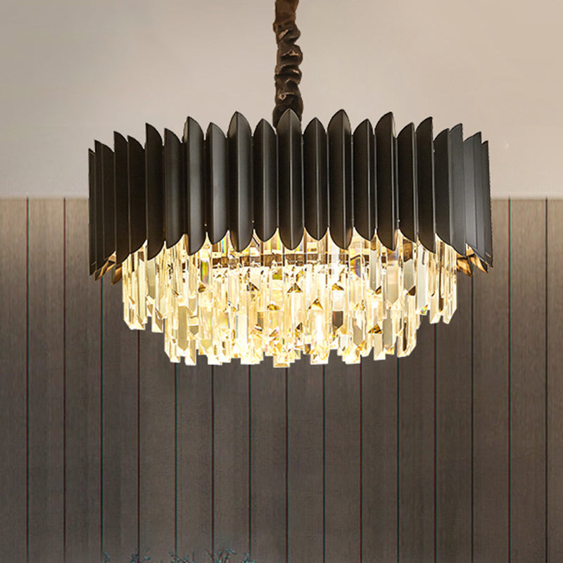 Black Drum Pendant Chandelier Modern Crystal Rod 4/5-Bulb Parlor Ceiling Hanging Light 5 Black Clearhalo 'Ceiling Lights' 'Chandeliers' 'Modern Chandeliers' 'Modern' Lighting' 1432103