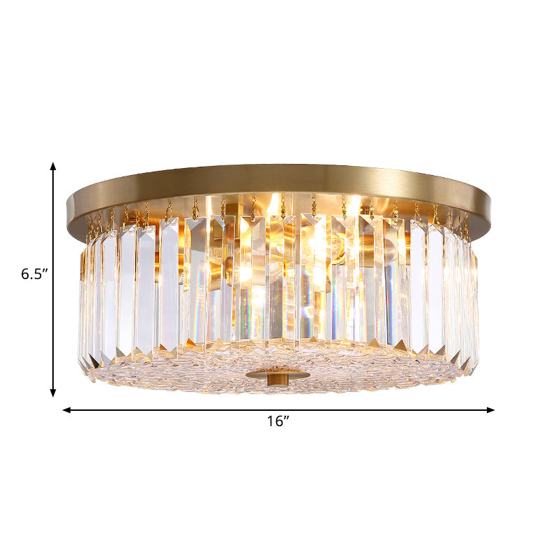 Prismatic Crystal Brass Flushmount Drum Shaped 4-Light Postmodern Ceiling Flush Light - Clearhalo - 'Ceiling Lights' - 'Close To Ceiling Lights' - 'Close to ceiling' - 'Flush mount' - Lighting' - 1432110