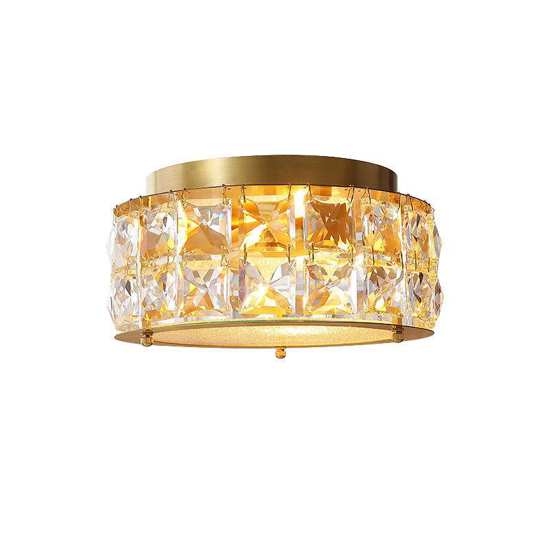 Brass Round Small Ceiling Light Postmodern Beveled Crystal 2-Light Bedroom Flush Mount Lamp