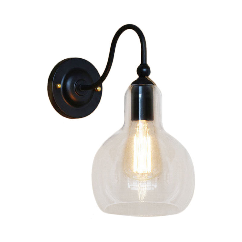 One Bulb Wall Light with Gourd Shade Clear Glass Industrial Corridor Sconce Lighting Fixture in Black Clearhalo 'Cast Iron' 'Glass' 'Industrial wall lights' 'Industrial' 'Middle century wall lights' 'Modern' 'Tiffany' 'Traditional wall lights' 'Wall Lamps & Sconces' 'Wall Lights' Lighting' 143217