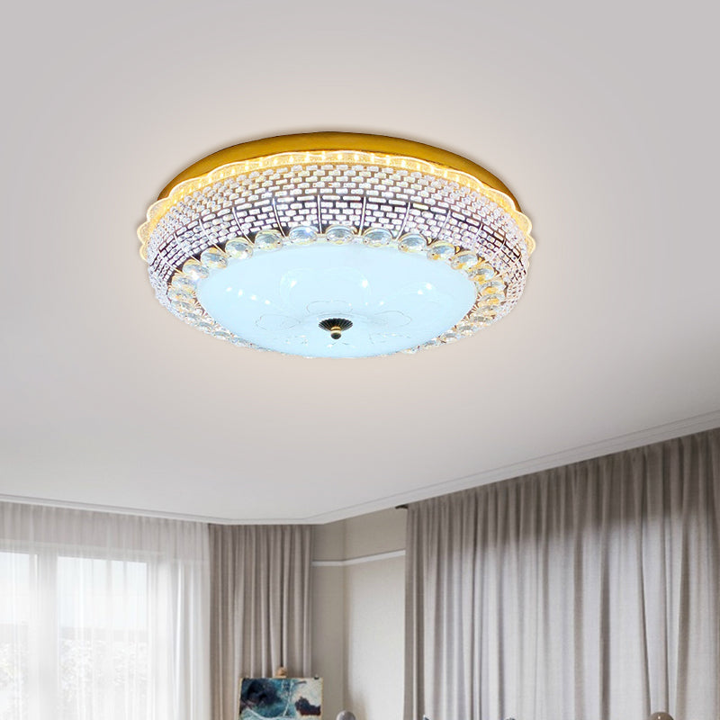 Gold Drum Ceiling Flushmount Lamp Modern Crystal Embedded Bedroom LED Flush Mount with Fishscale/Net Design